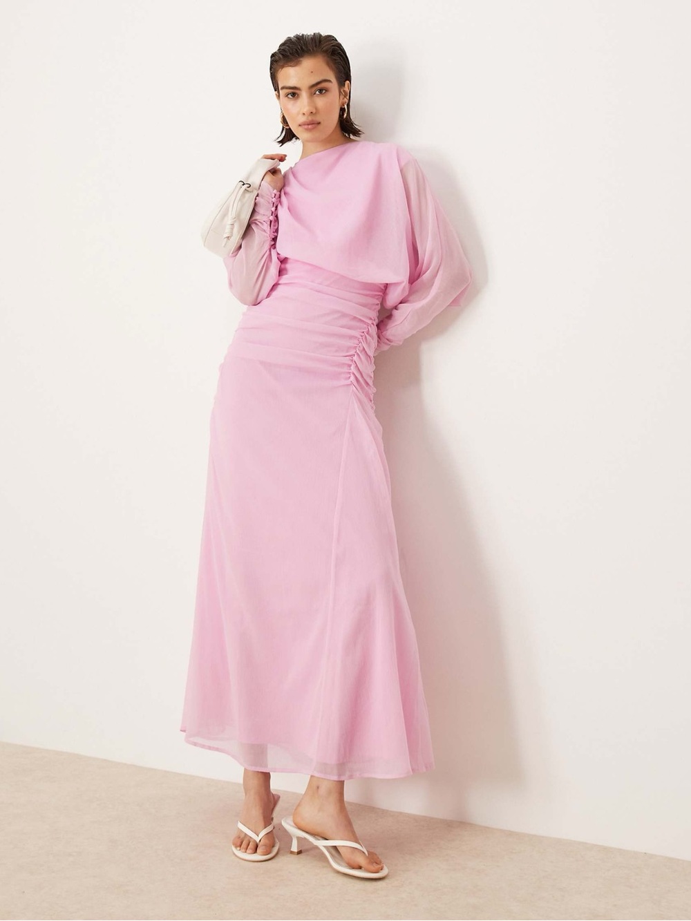 ASOS Design Blouson Ruched Detail Maxi Dress in Pink